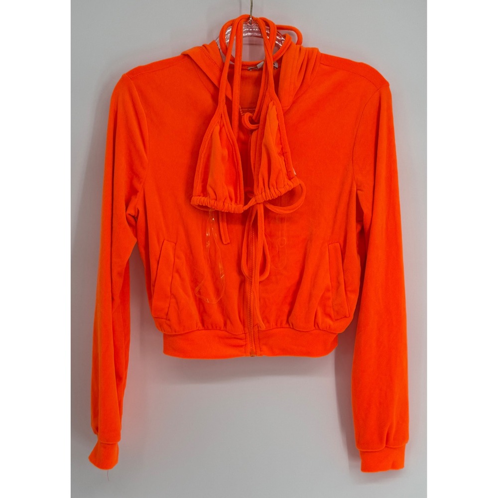 Fashion Nova Neon Orange Velour Cropped Hoodie and Bikini Top Set Sz S